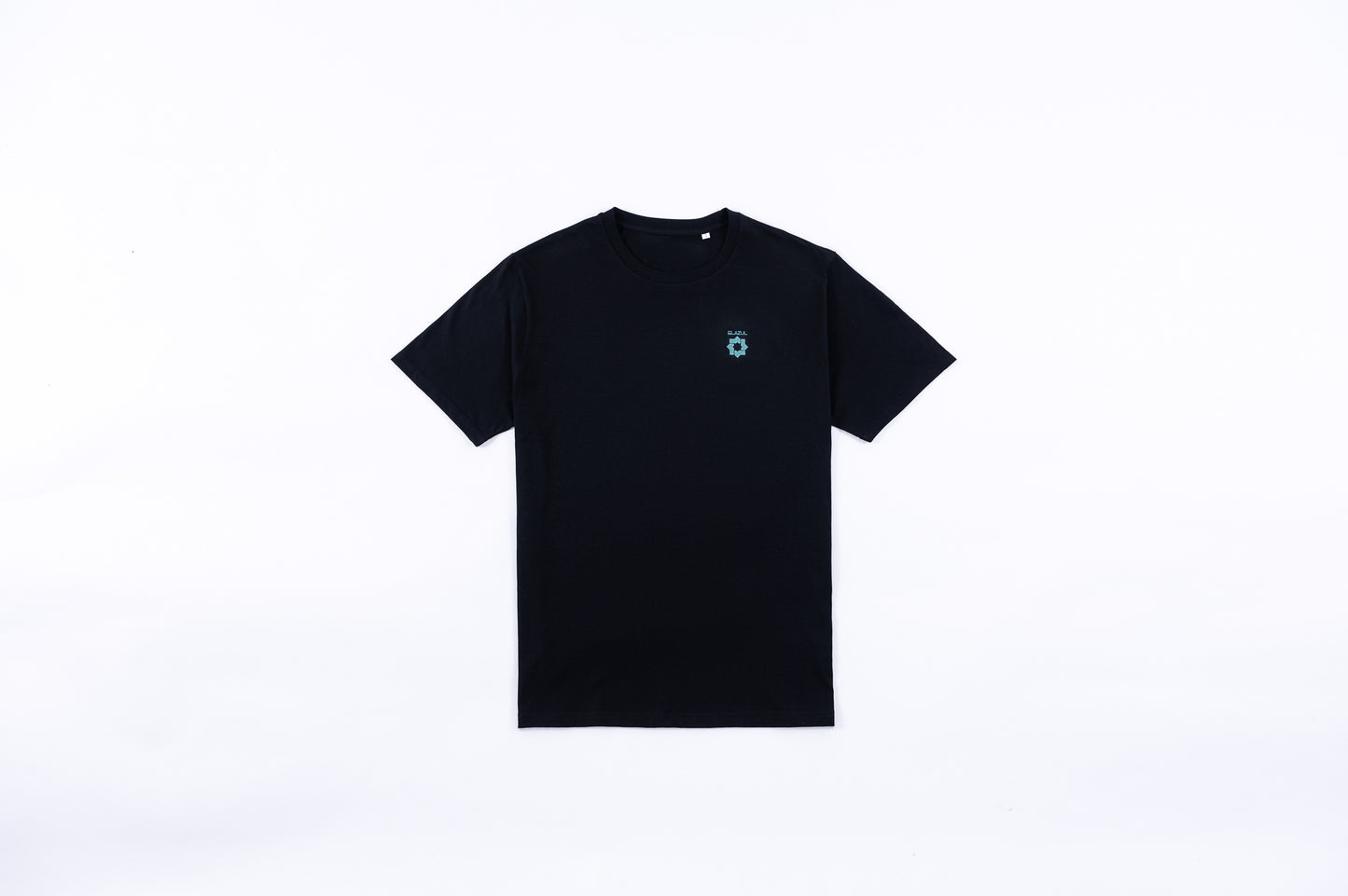 Diseño frontal de logo ELAZUL sobre camiseta de manga corta unisex color negro